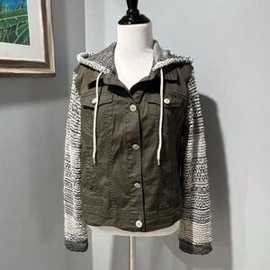 Wallflower Lightweight Denim Olive Green Knit Sleeves & Hoodie Jacket Sz XL